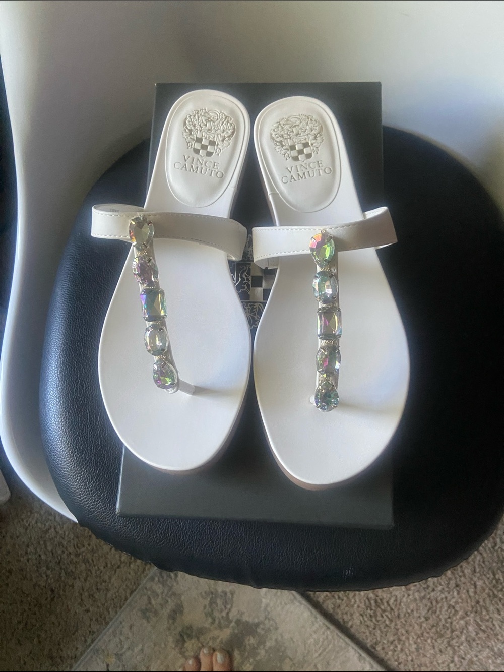 Vince Camuto White Jeweled T-Strap Slide Sandals